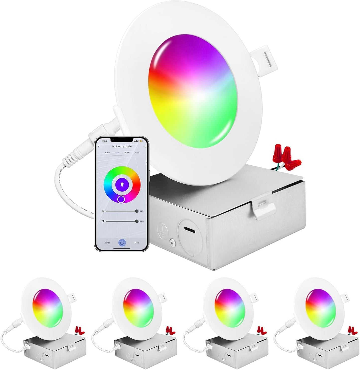 LUXRITE 4 Inch Smart LED Recessed Lighting, RGBW Color Changing, WiFi App and Voice Control, Compatible with Alexa and Google Home, No Hub Required,