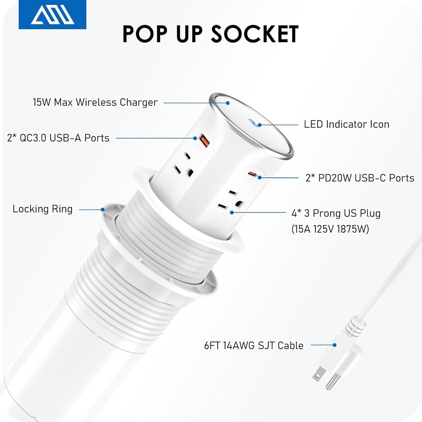 ANNQUAN Motorized Pop Up Countertop Receptacle with 15W Wireless Charger,Max 20W Power Delivery,3.15" Automatic Pop Up Electrical Outlet wi