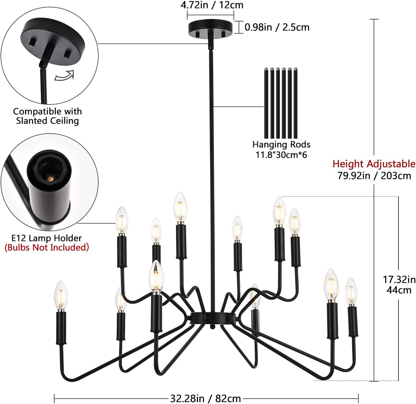 Peblto Black Farmhouse Candle Chandeliers Lighting, Modern Metal 6-Light Dining Room Light Fixture, Vintage Classic Hanging Chandelier for Dining