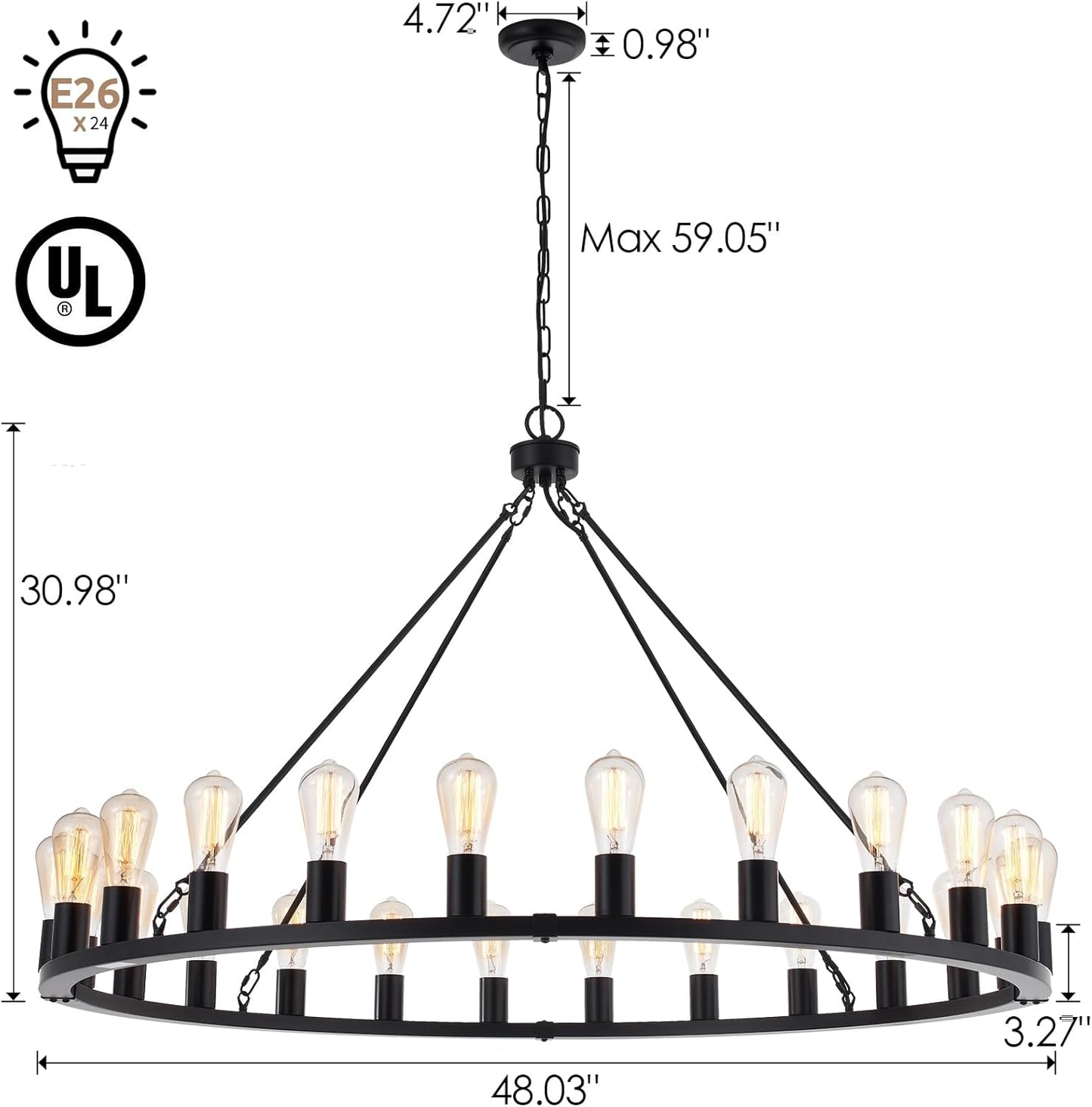 48 Inch 24-Lights Wagon Wheel Chandelier Matte Black Farmhouse Rustic Industrial Large Pendant Light for High Ceilings