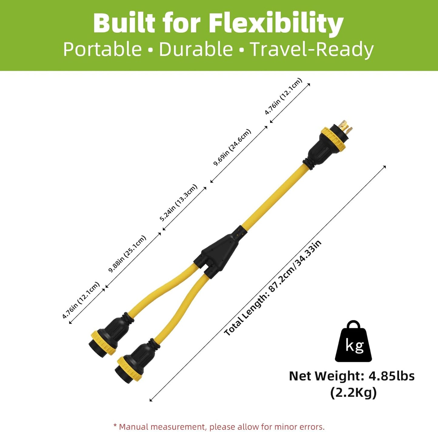 NEMA L5-30P to Dual L5-30R Marine Shore Power Splitter Cord, 30 Amp 125V Male to Two 30 Amp 125V Female Locking Adapter with Waterproof Seals, Heavy Duty STW 10AWG, 3FT