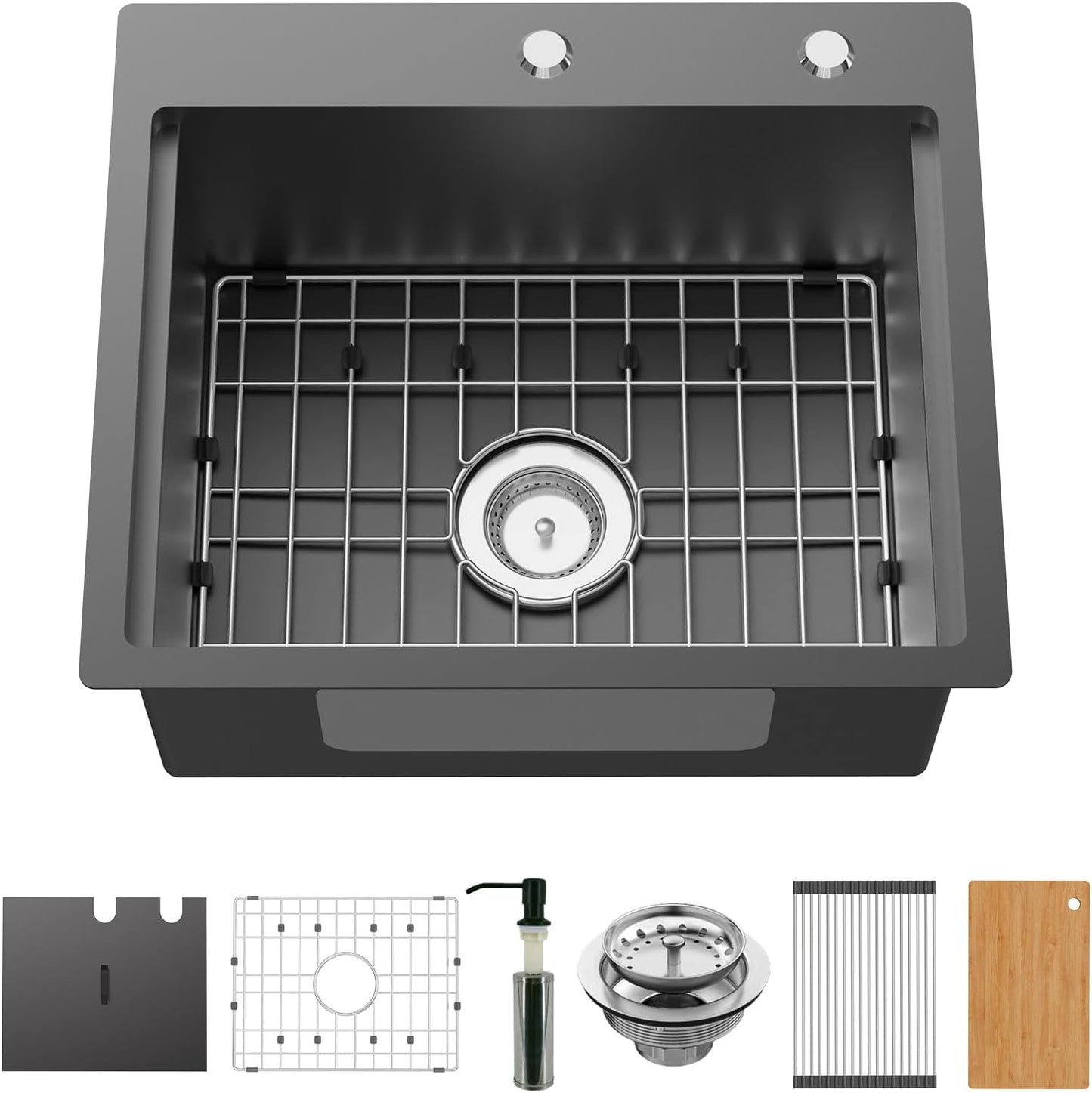 Black Kitchen Sink With Dust Lid, 21'x18' Stainless Steel Drop In Single Bowl Sink, Built-in Ledge, Topmount