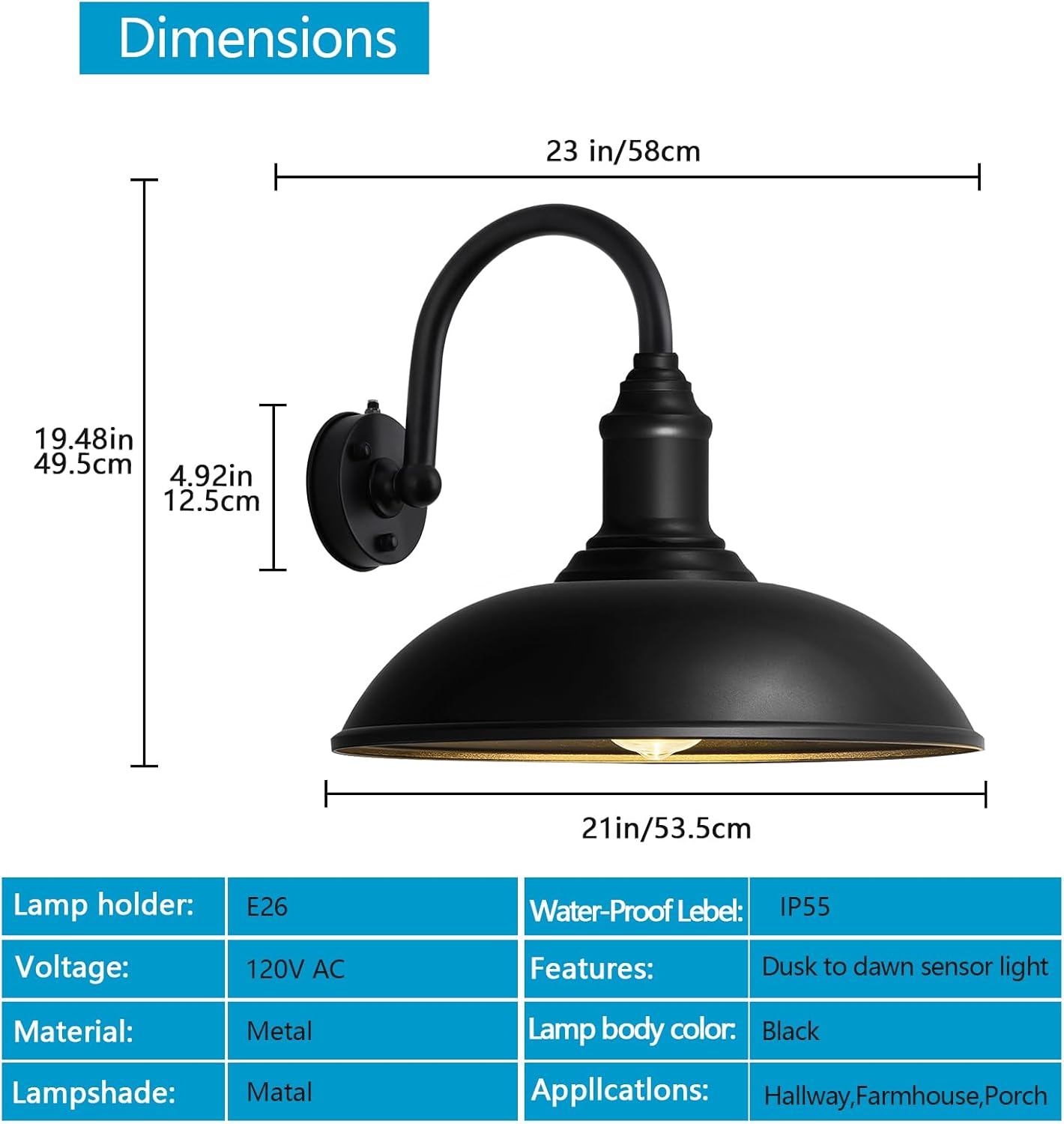 DENGNBJ 21' Large Outdoor Gooseneck Barn Light Dusk to Dawn, Classic Outdoor Farmhouse Gooseneck Light for Porch, Garage, Exterior Lighting (21