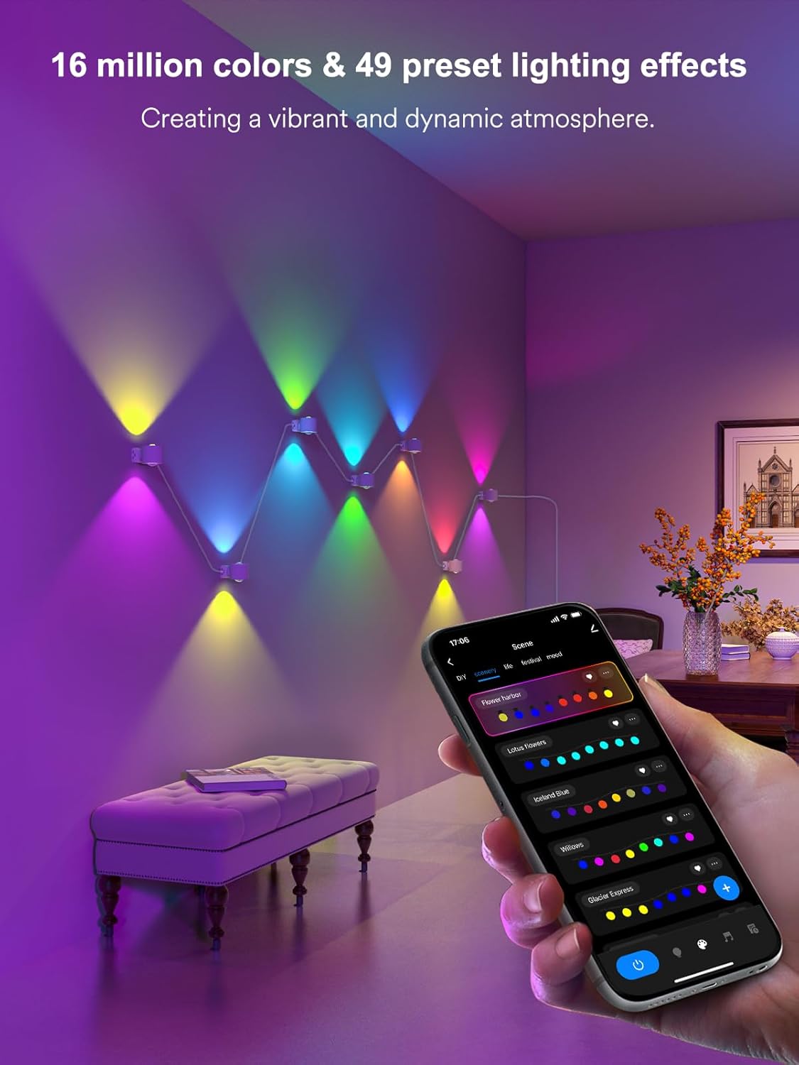 ANGELHALO Smart Wall Sconces, Music Sync Indoor Double-Headed Wall Lights, Works with Alexa, Multicolor LED Wall Light for Home Decor, Dynamic Scenes
