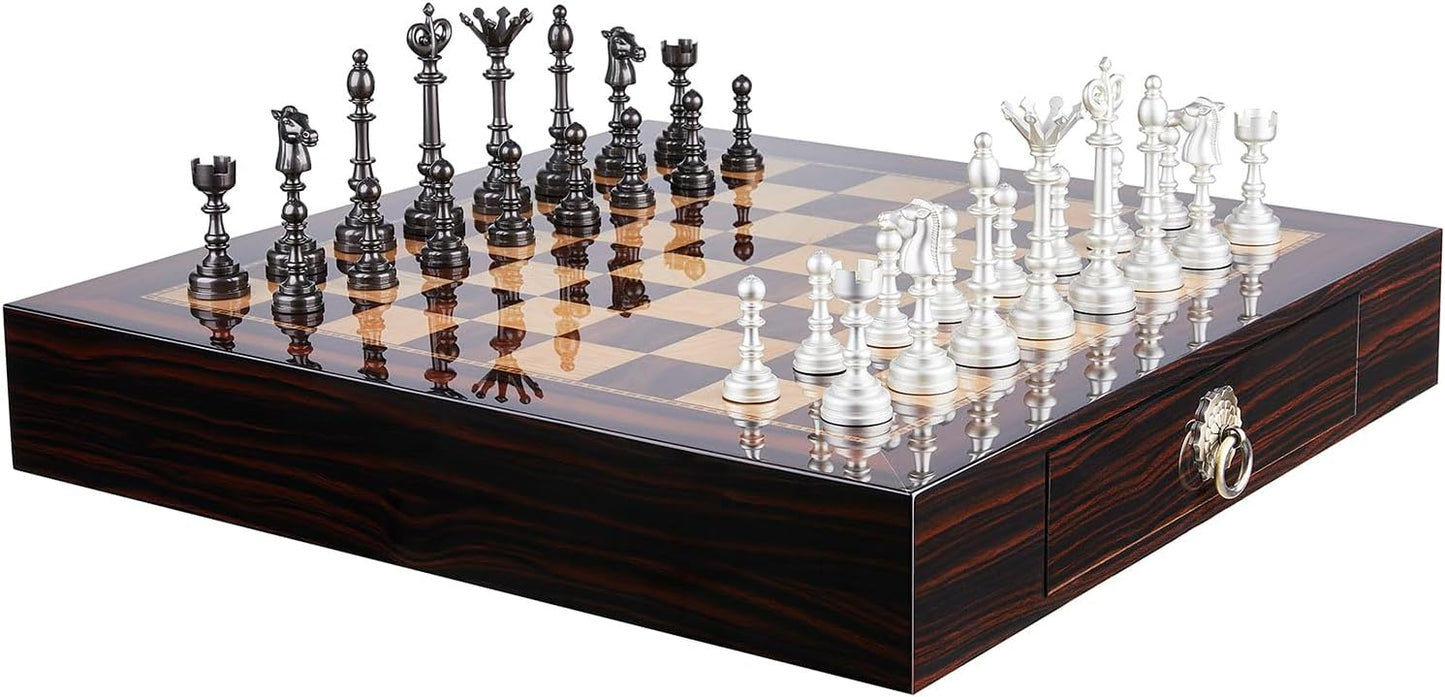 AMEROUS 19.6 Inches Wooden Chess Set with Metal Chess Pieces- 4.5'' King - 2 Built-in Storage Drawers - Gift Packaging,Tournament Chess Board Games