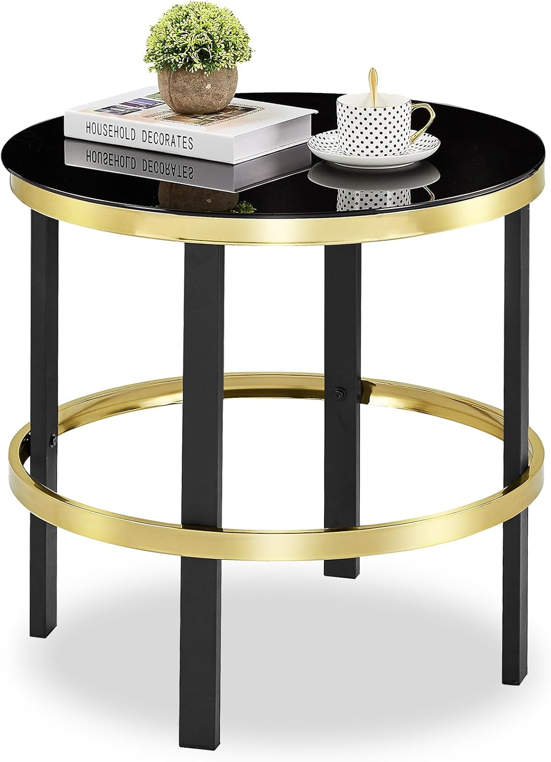 Furniturosy Round End Table, Modern Glass Side Table with Sturdy Metal Frame, Accent Table with Tempered Glass Top, Glass End Table for Living Room,