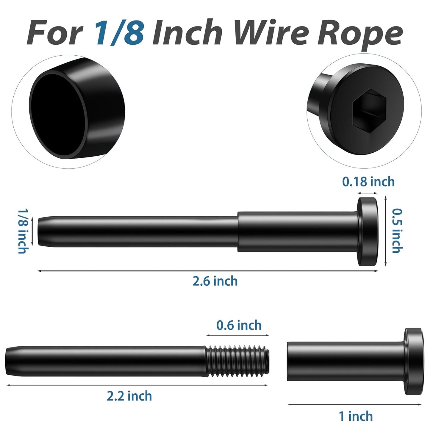 50 Pack 1/8" Black Invisible Cable Railing Hardware Kit, T316 Stainless Steel Receiver and Crimp Stud Ends for Cable Railing, 1/8" Swage