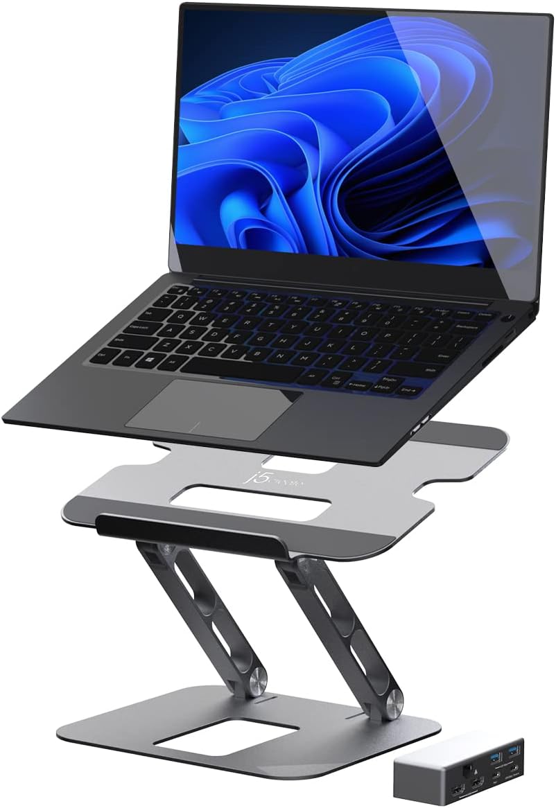 j5create Laptop Stand with USB C Dual HDMI Display Hub - 2 USB A 5Gbps, PD 100W with USB-C 5Gbps, Ethernet | Aluminum Computer Riser for MacBook and