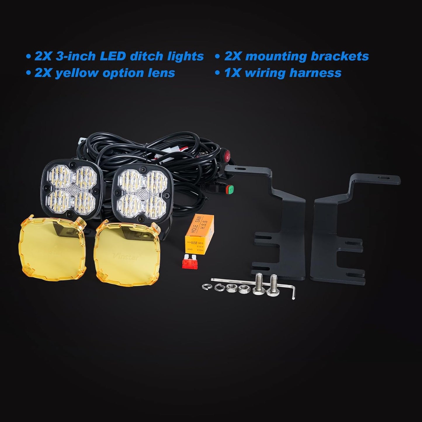 3 Inch LED Ditch Lights for 2014-2019 Silverado 1500, with A-Pillar Brackets Wiring Harness Combo Kits, 40W Spot Flood Offroad LED Lights Bar Pods White Yellow Lihgt, Pair C| Ditch Lights | 2014-2019 Silverado 1500