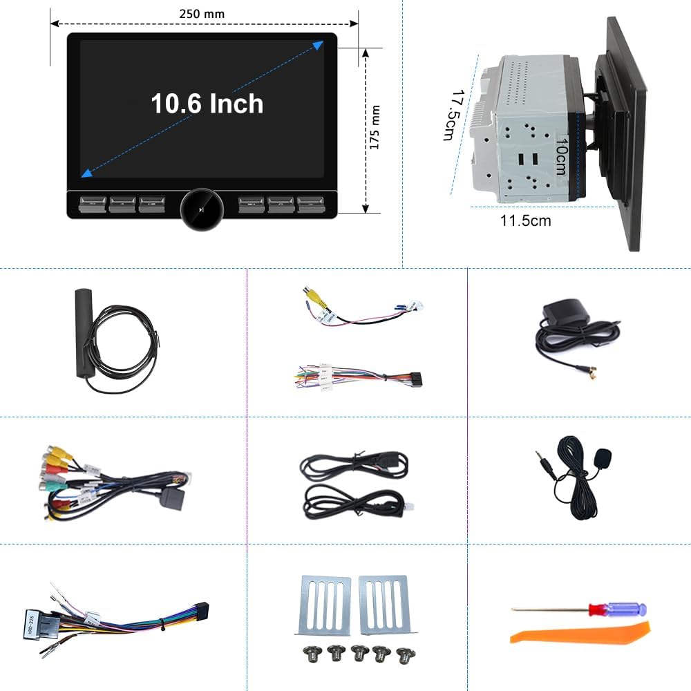 10.6" Double Din Car Radio with Wireless CarPlay & Android Auto | Android 13 Stereo with IPS Touchscreen, 4G SIM, Knob Button, GPS, DSP, WiFi, Bluetooth, SWC, Subwoofer Output