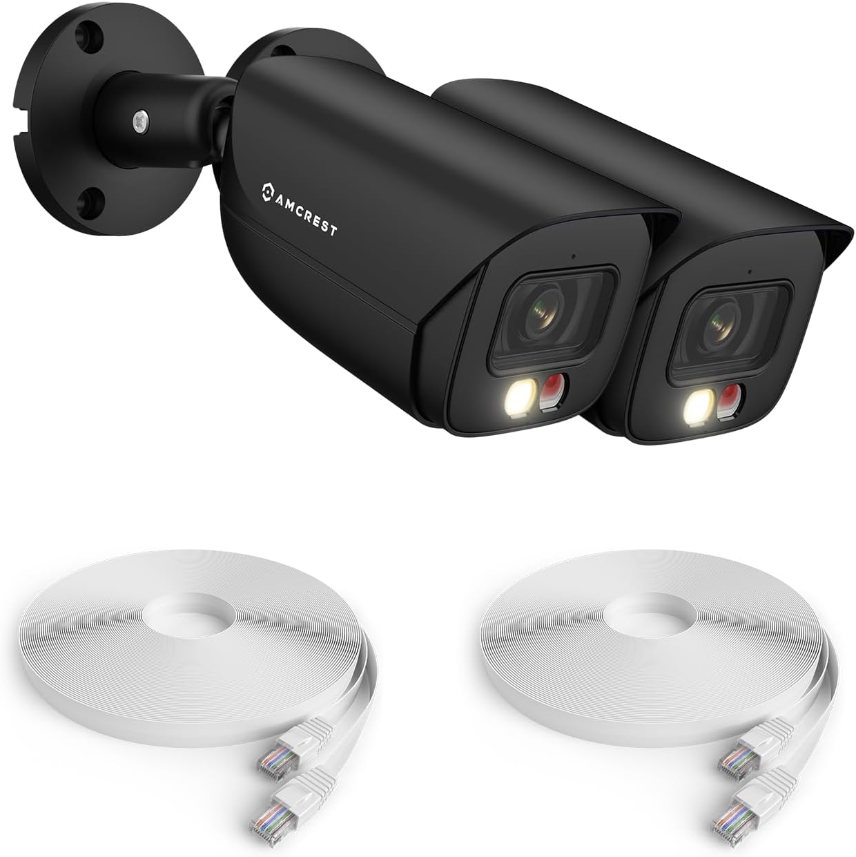 Amcrest 2PACK 5MP IP PoE AI Camera w/ 49ft Color Night Vision, Security Outdoor Bullet Camera, Built-in Mic, 2X 100ft Cat6E Cable, Active Deterrent,