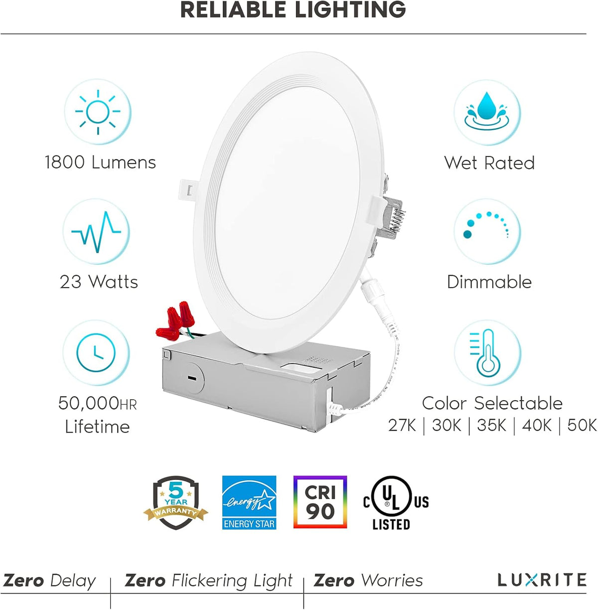 LUXRITE 8 Inch Ultra Thin LED Recessed Lighting, 23W, 5 Color Selectable 2700K | 3000K | 3500K | 4000K | 5000K, CRI 90, 1800 Lumens, Dimmable LED Wafer Lights, Wet Rated, Baffle Trim (4 Pack)