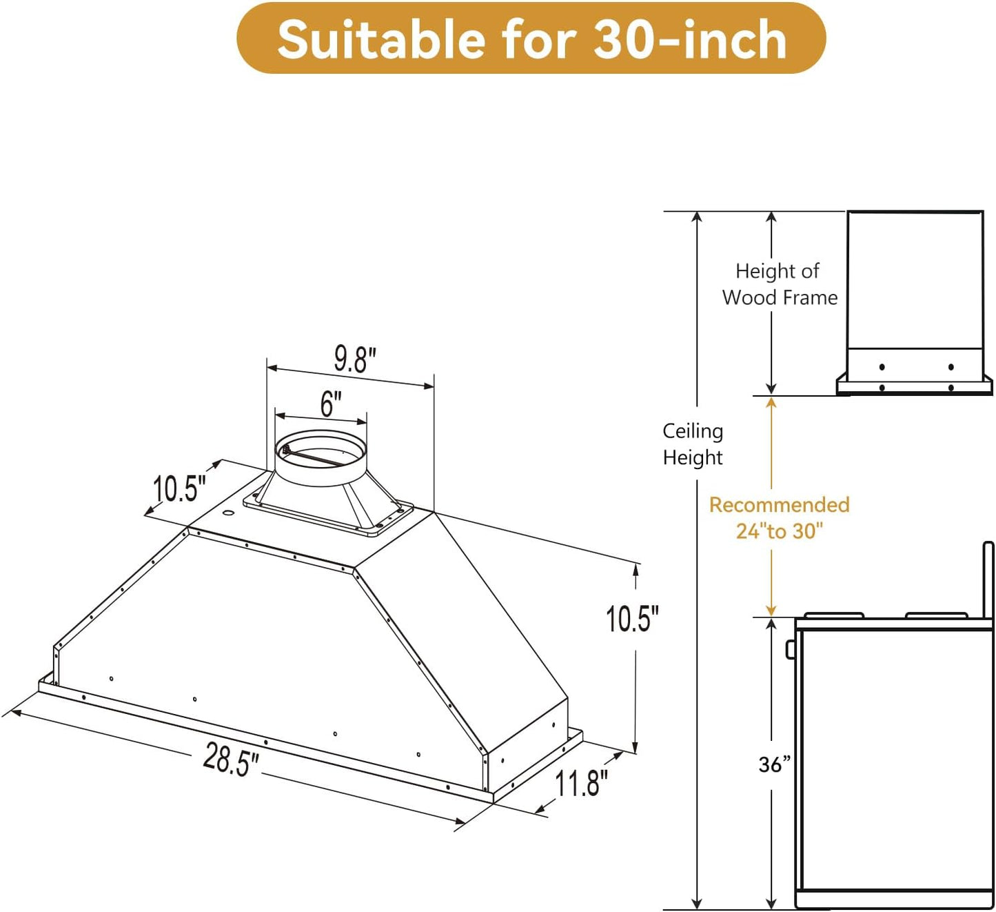 Range Hood Insert 30 Inch, Dual Inlet for 50% Better Suction, Includes 2 Charcoal Filters