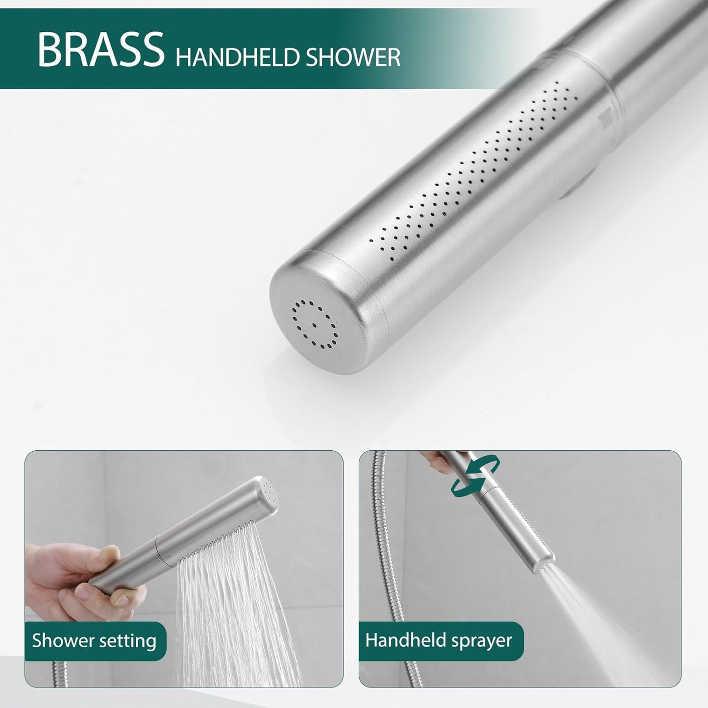 Freestanding Bathtub Faucet Waterfall Tub Filler Brushed Gold Floor Mount Brass Single Handle Bathroom Tub Faucets with 2 Function Hand Shower Wand