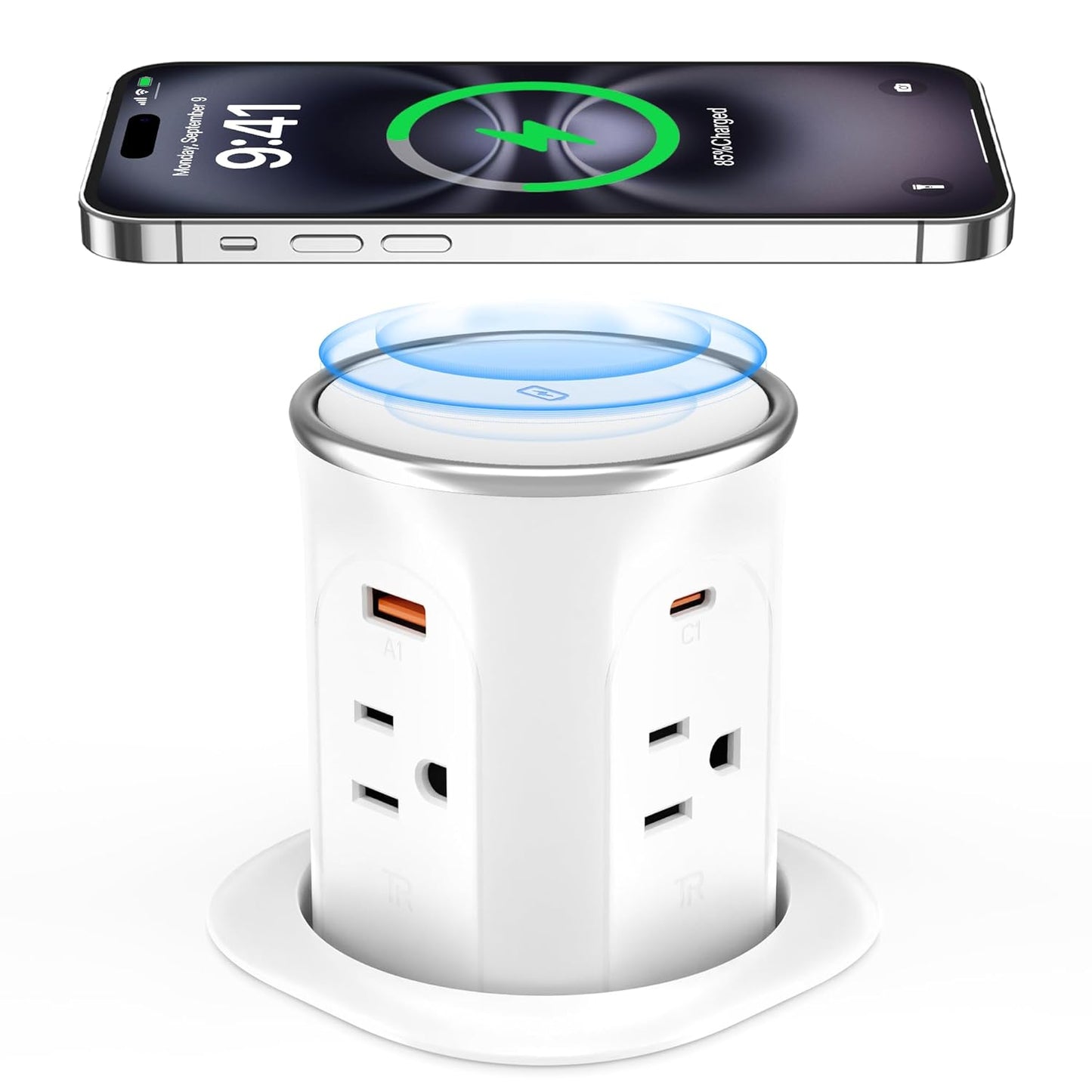 ANNQUAN Motorized Pop Up Countertop Receptacle with 15W Wireless Charger,Max 20W Power Delivery,3.15" Automatic Pop Up Electrical Outlet wi