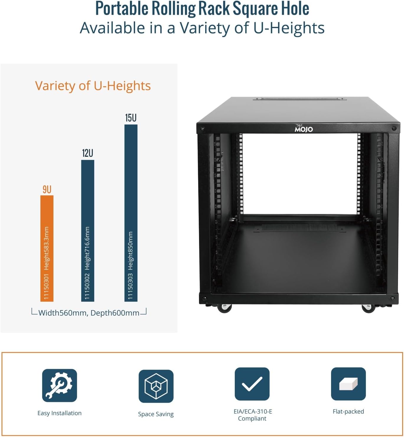 Tecmojo 9U Mobile Server Rack Enclosure, 23.62'' Deep, 19'' Network Rack with Wheels, Rolling Network Rack for Computer/AV/Data/IT