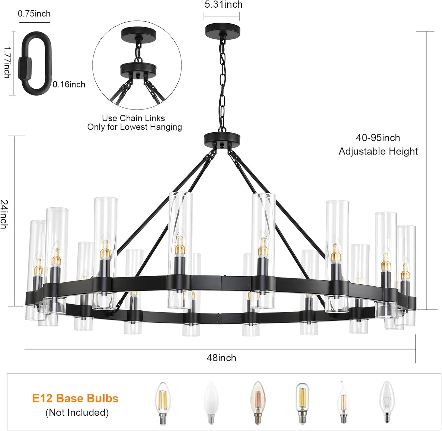 48 Inch Black Wagon Wheel Chandelier with Glass Shade, 16-Lights Black Farmhouse Chandeliers for High Ceilings, Large Round Indu