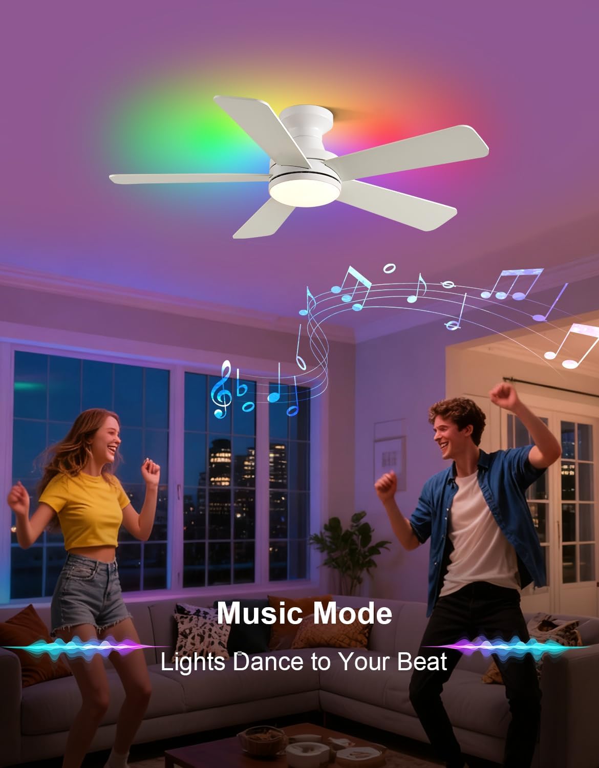 42" RGB Ceiling Fan with Light, App & Remote Controlled Flush Mount Ceiling Fan, Music Sync Lighting, 6-Speed Quiet Reversible DC Motor, 4CCT Dimmable for Bedroom Living Room, White White RGB APP