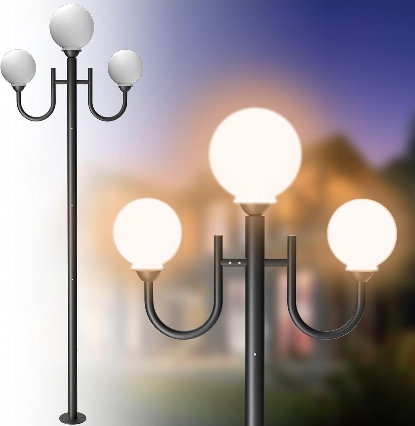 Black Aluminum Outdoor Lamp Post Light 3-Head with Globe Shades, Hardwired Waterproof Street Light Pole Light