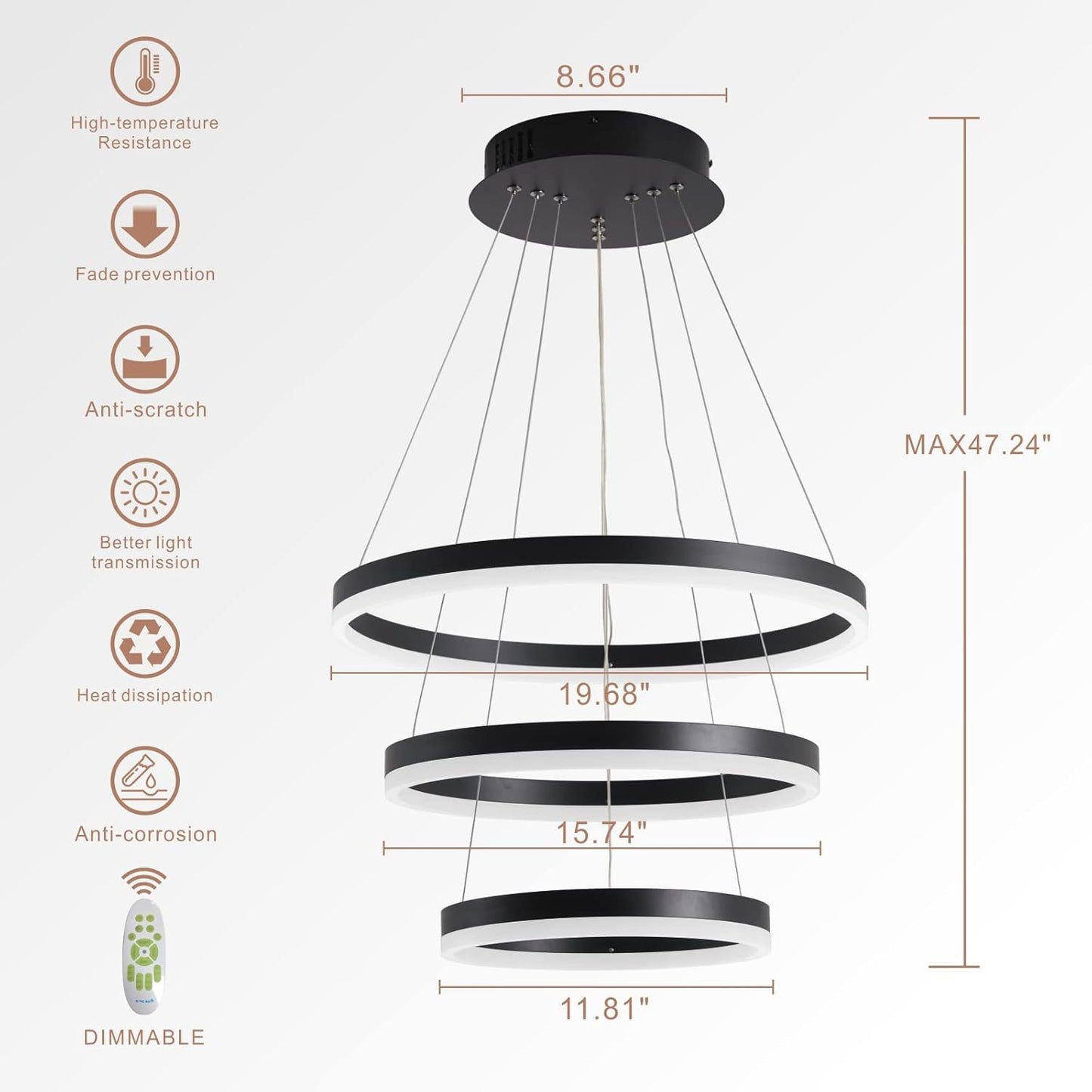 Modern LED Chandelier Dimmable 3 Ring Led Pendant Lighting with Remote Control Silver Circular Flush Mount Ceiling Light Fixture for Dining Room,