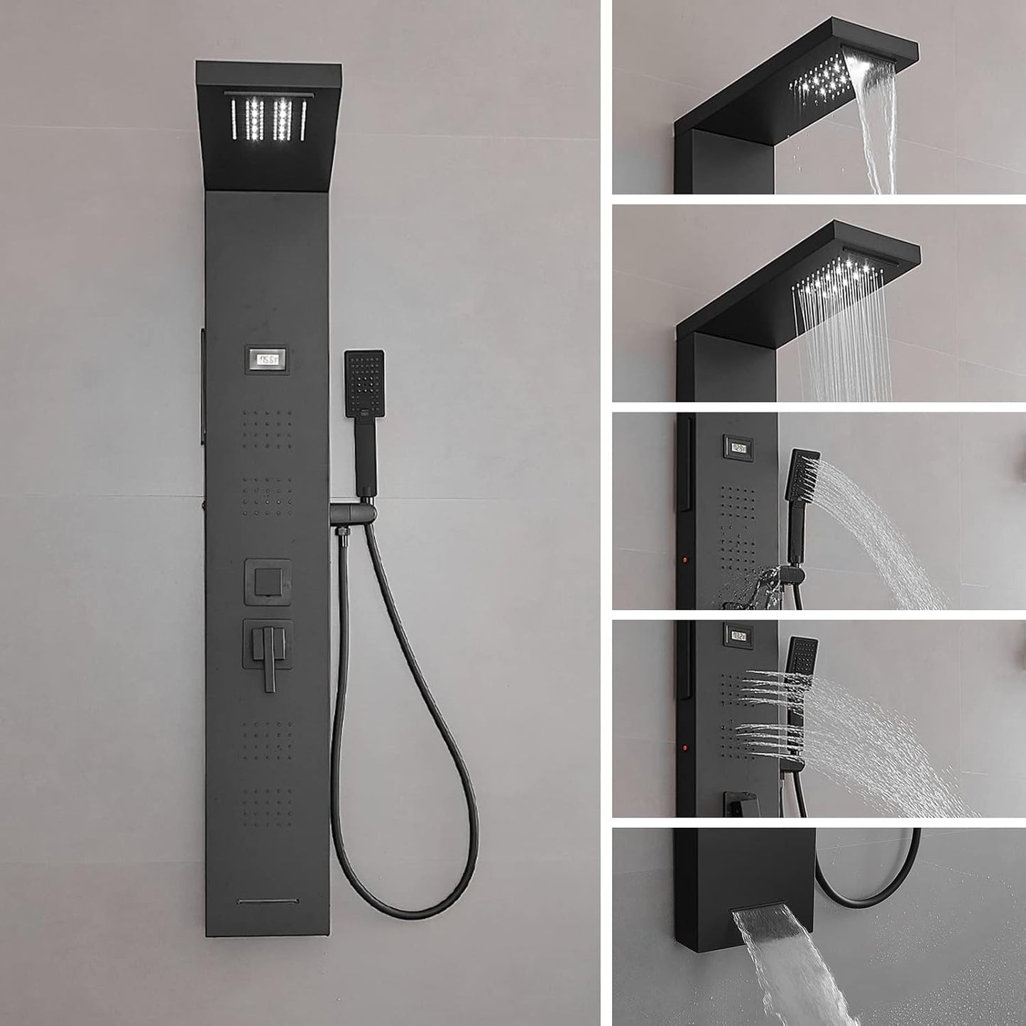 BWE LED Shower Panel Tower System Matte Black 5-Function Shower Column with Rainfall Waterfall Shower Head 4 Body Jets with Tub Spout Water