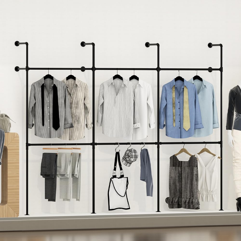 Industrial Pipe Clothing Rack Height Adjustable Garment Rack for Hanging Clothes, Heavy Duty Iron Clothes Rack