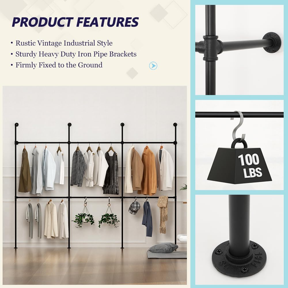 Industrial Pipe Clothing Rack Height Adjustable Garment Rack for Hanging Clothes, Heavy Duty Iron Clothes Rack