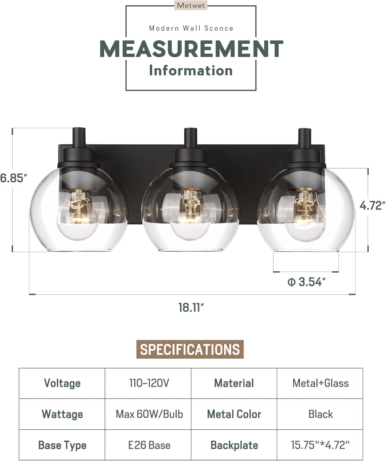 METWET Bathroom Light Fixtures, 3-Light Matte Black Vanity Light