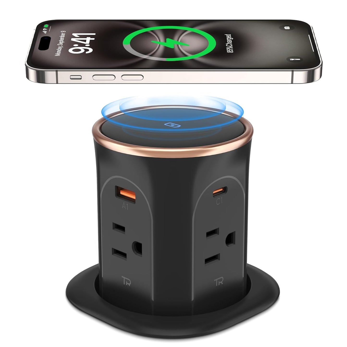 ANNQUAN Motorized Pop Up Countertop Receptacle with 15W Wireless Charger,Max 20W Power Delivery,3.15" Automatic Pop Up Electrical Outlet wi