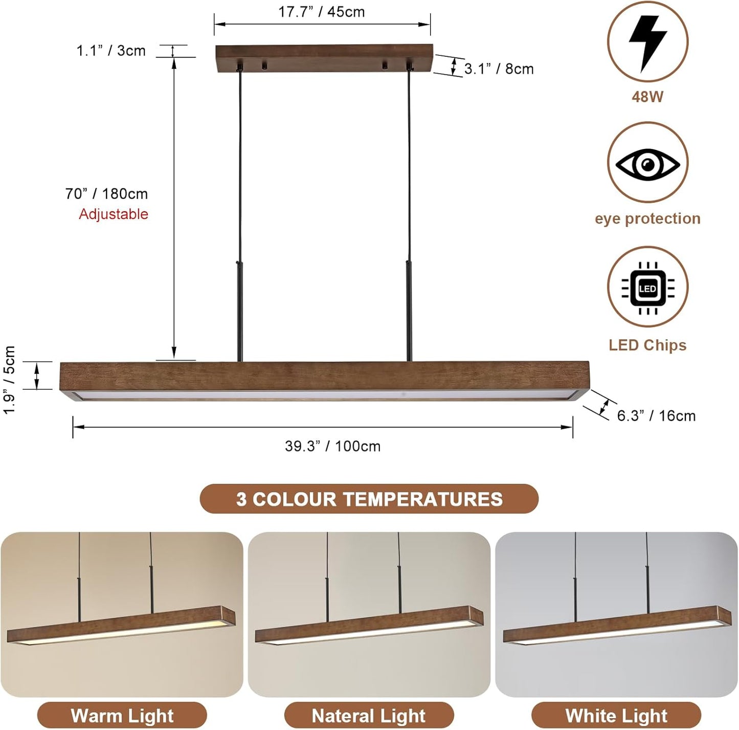 CmnVmn 39.3" Dimmable Wooden Linear Pendant Lighting Island Lights,LED48W Adjustable Color temperature6000K 4200K 3000K for Dining Room Bar