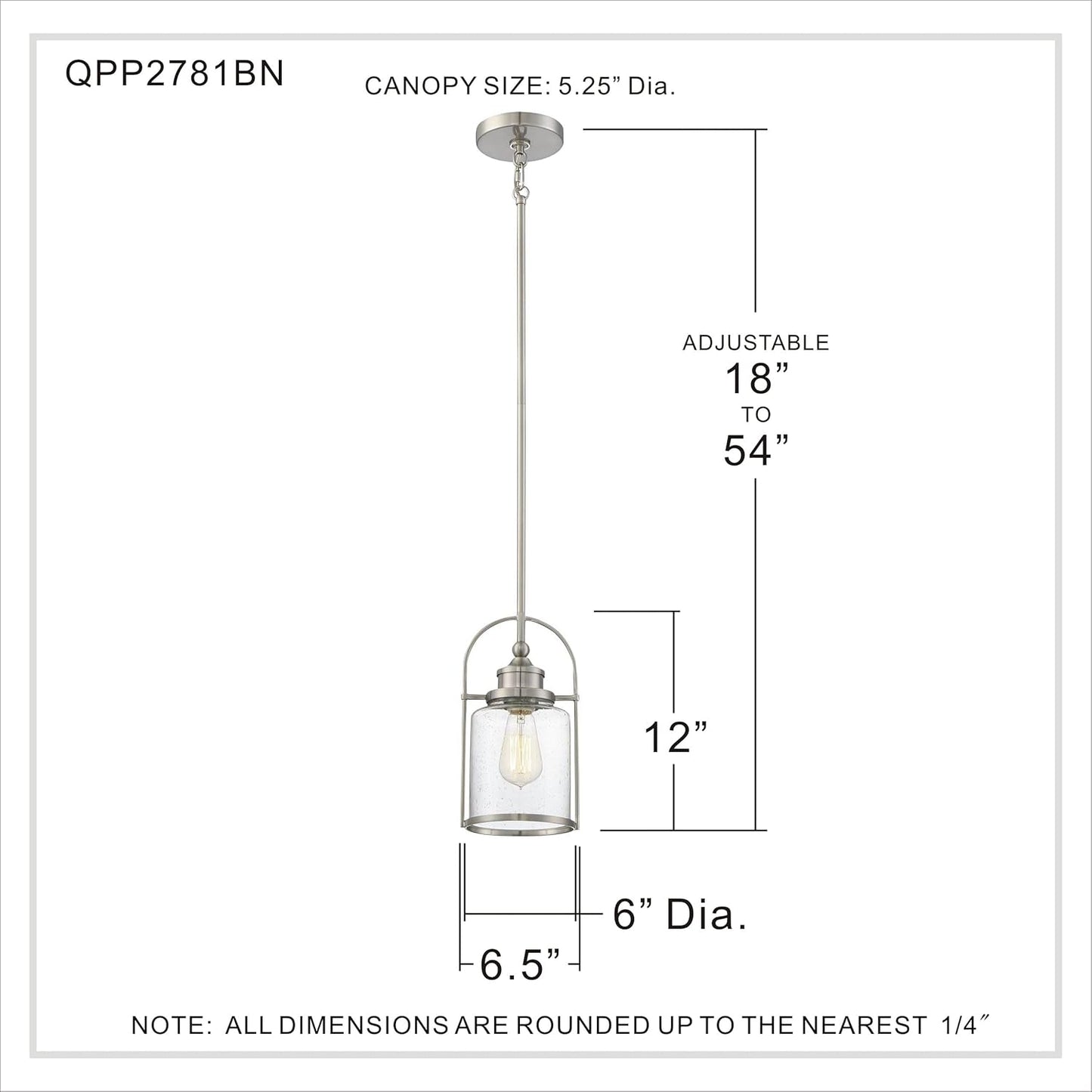 Quoizel Payson Mini Pendant Light, 7 Inch 1-Light Brushed Nickel, Clear Seeded Glass Pendant Light, Max Hanging Height 53", Ceiling Light for Kitchen Island, Dining, Hallway, Bar or Office
