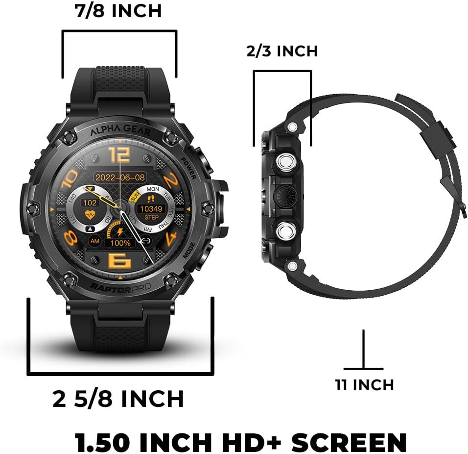ALPHAGEAR Raptor PRO Smartwatch for iPhone & Android, Rugged Smart Watch (Answer/Make Call), Wellness Tracker with 1.58" AMOLED Screen, 10-1