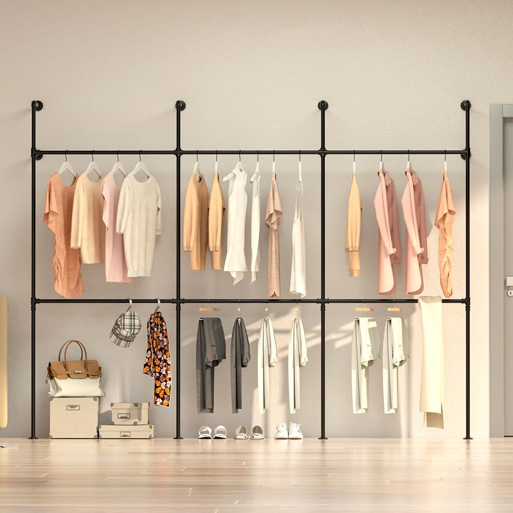 Industrial Pipe Clothing Rack Height Adjustable Garment Rack for Hanging Clothes, Heavy Duty Iron Clothes Rack