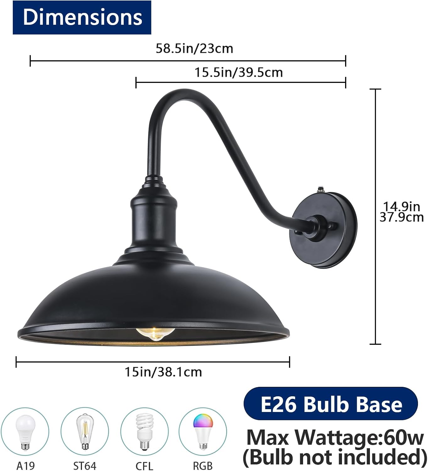 Ytzlvw Large 15" Outdoor Gooseneck Barn Light Dusk to Dawn, Wall Mounted Classic Waterproof and Rust Resistant Exterior Light Fixture for