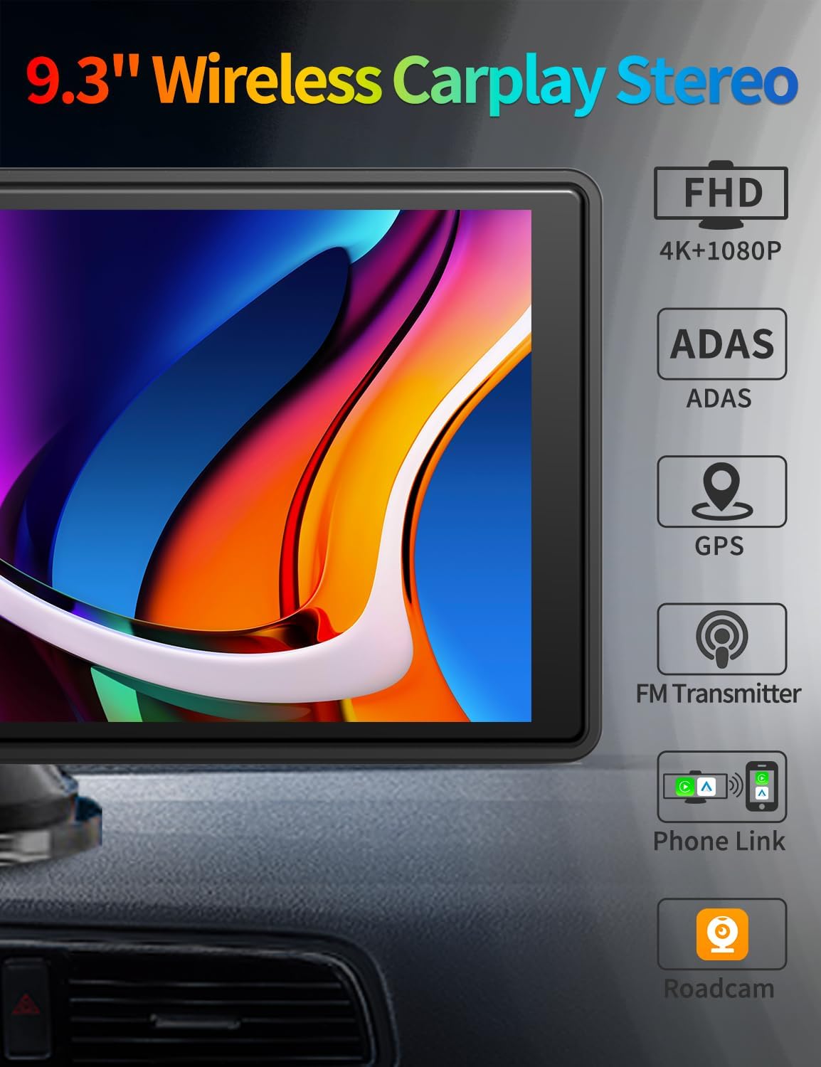 9.3' Portable Carplay Screen with 4K ADAS Dash Cam