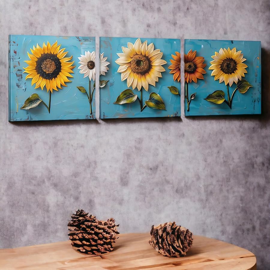 SSRTK 3 Piece Set Large Living Room Sunflower Painting Textured Wall Art Canvas Flower Wall Decor for Women's Room Modern Home Bedroom Oil