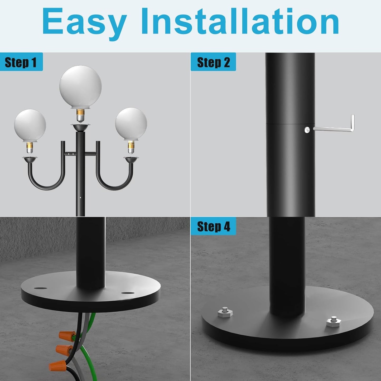 Black Aluminum Outdoor Lamp Post Light 3-Head with Globe Shades, Hardwired Waterproof Street Light Pole Light