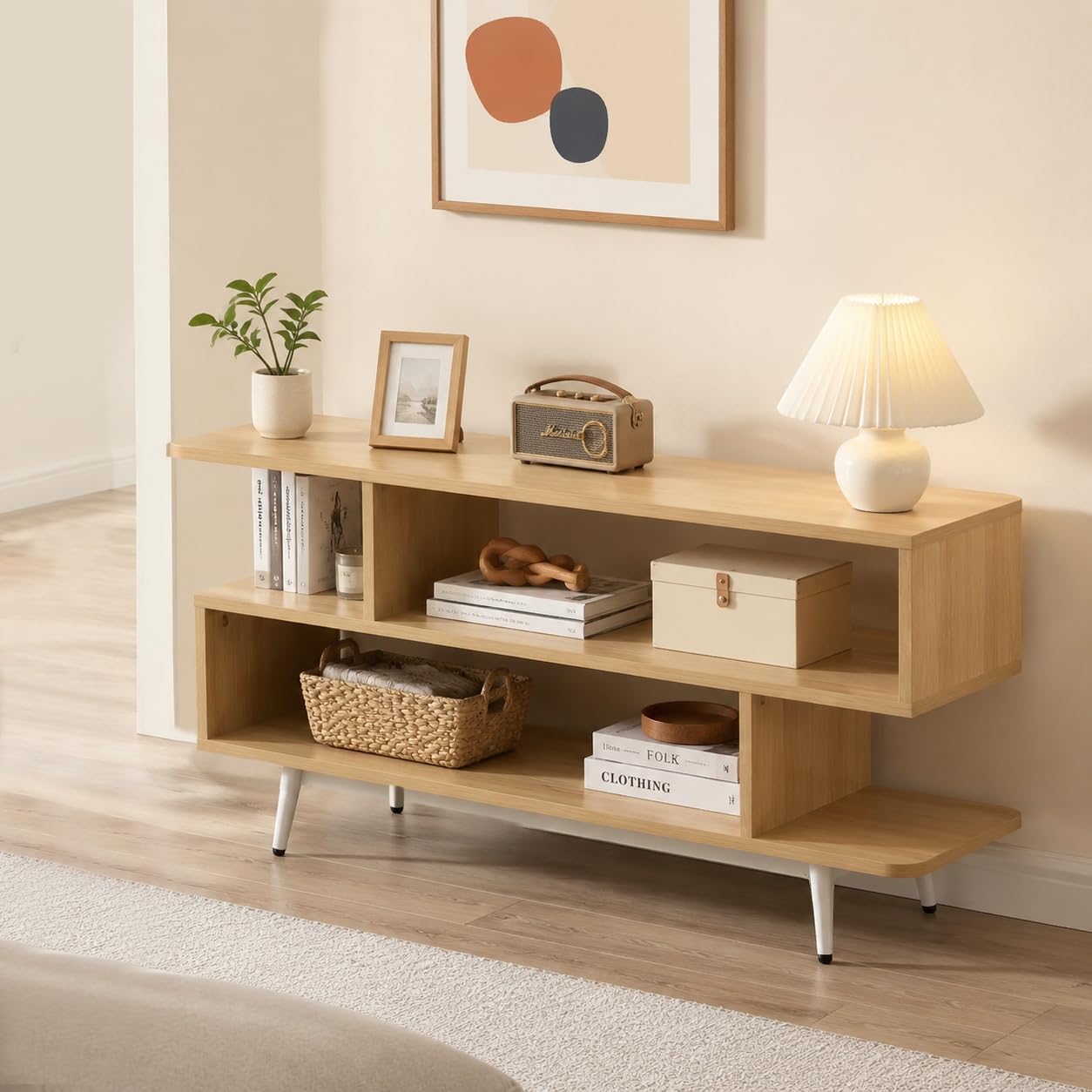 TV Stand for TVs up to 45 Inches, Modern Entertainment Center with Three-Tier Open Storage Shelves for Media TV Console Table, Living Room, Bedroom, Family Room, Easy Assembly-Walnut