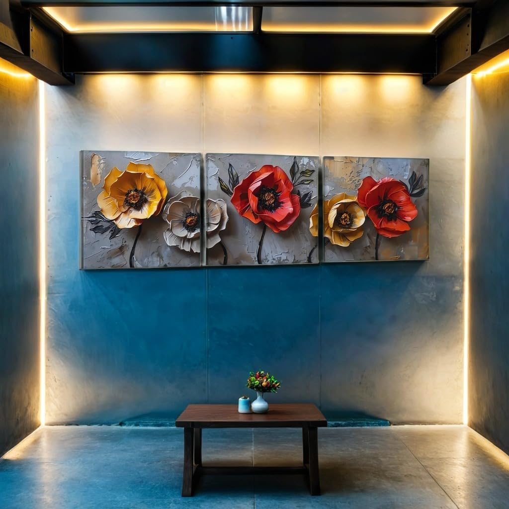 SSRTK Large Living Room Textured Wall Art Poppy Painting 3 Piece Set Canvas Flower Wall Decor for Women's Room Modern Home Bedroom Oil Painting