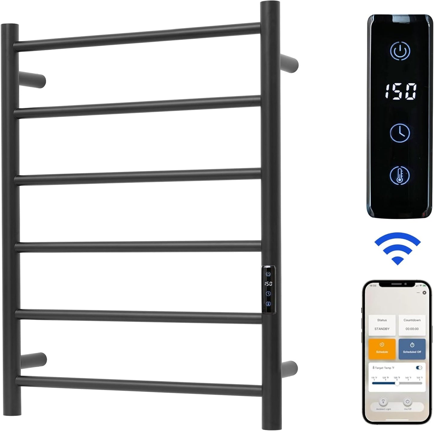 Electric Towel Rack with Voice Control for Alexa & Google Home,TUYA - Wall-Mounted Bathroom Heating Towel Warmer,Plug-in,Stainless Steel Material (Black with WiFi, 6 Bar) 6 Bar Black With Wifi