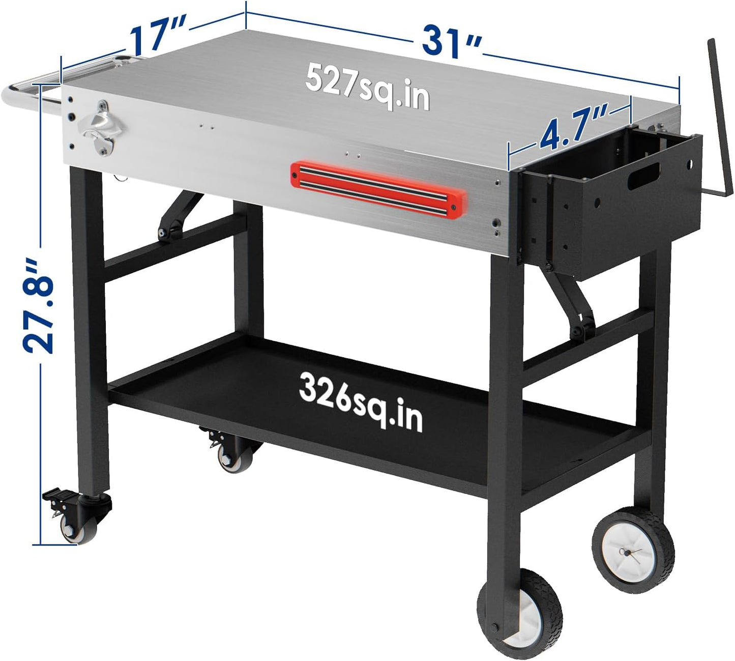 Stainless Steel Portable Outdoor Grill Table, 550 LBS Thicker Folding Grill Cart Pizza Oven Stand with Wheels, 31''W x 17''D Prep
