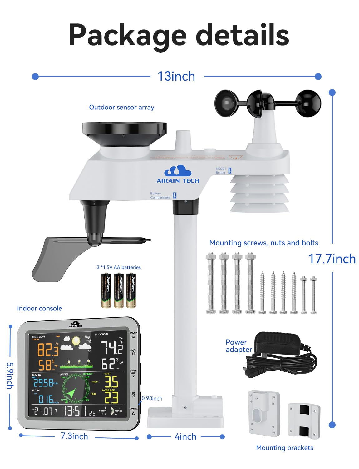 10-in-1 Wireless Weather Station, with Outdoor Wireless Sensor, rain Gauge, Wind Speed/Wind Direction, Moon Phase, Barometer, Temperature/Humidity, Weather Forecast (No WiFi)