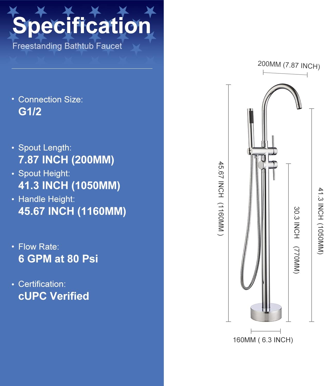 RUGUS Tub Filler Faucet FreeStanding Faucets Floor Mounted Brass Bathroom Tub Faucets with Hand ShowerChrome (8005 Chrome)
