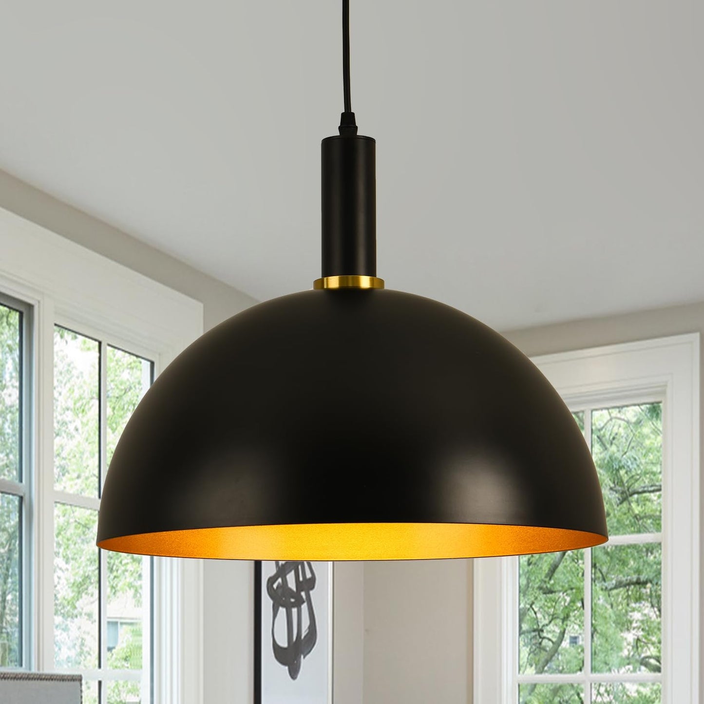 GRUSTRUST 16" Vintage Industrial Dome Pendant Light Black and Gold Large Pendant Lights Kitchen Island Modern Farmhouse Adjustable Hanging