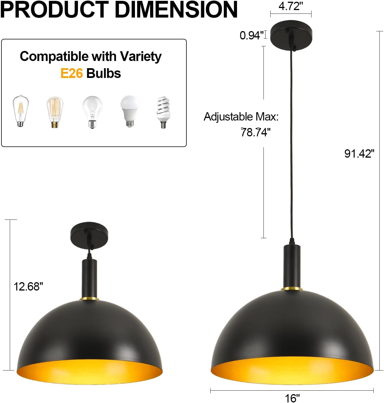 GRUSTRUST 16" Vintage Industrial Dome Pendant Light Black and Gold Large Pendant Lights Kitchen Island Modern Farmhouse Adjustable Hanging