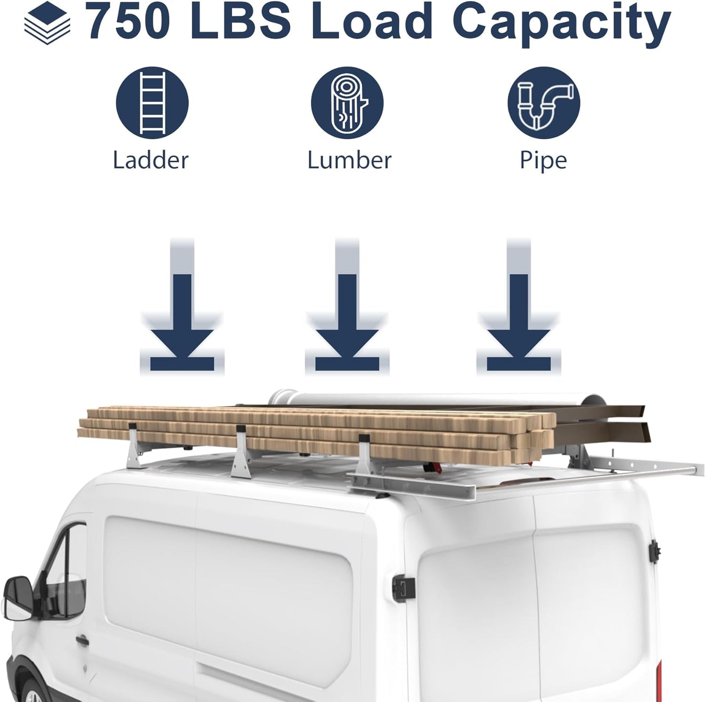 Cargo Van Roof Ladder Rack Fit for 2015-2023 Ford Transit 150 250 350 with Rear Cargo Roller 750LB Steel White