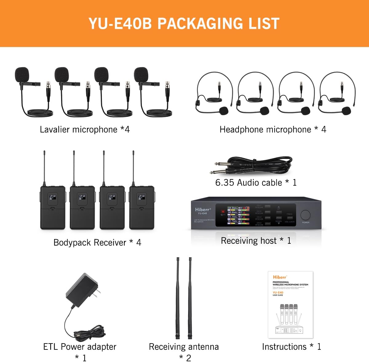 Hiberr Wireless Microphone System, 4 Channels Adjustable UHF Wireless Microphone Headset Metal Shell Vocal Wireless Mic Lapel for Church, Party,