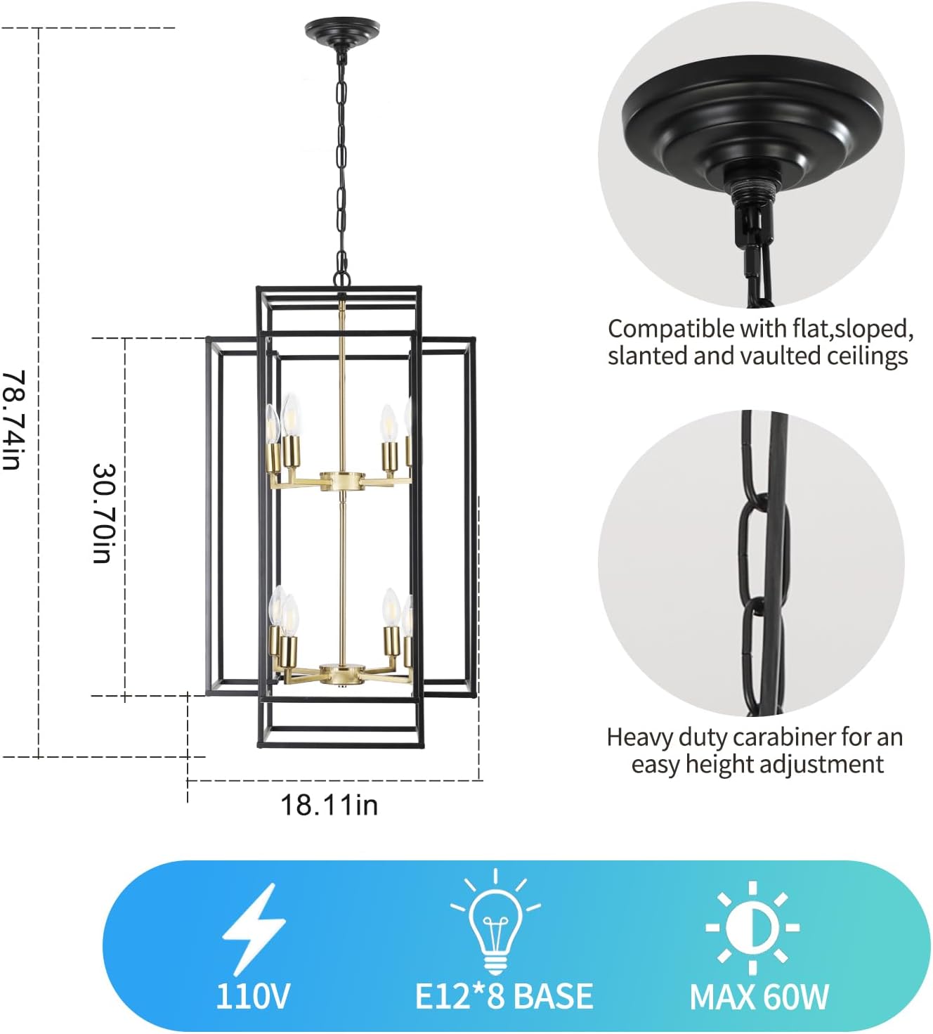 DAKAIDA 8-Light Lantern Tiered Chandeliers,Modern Large Pendant Light Fixtures,Industrial Foyer Chandelier for Entryway,High
