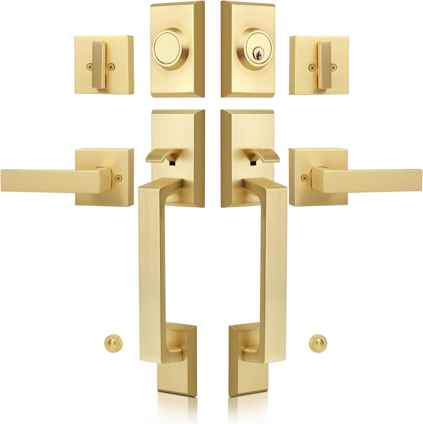 Double Front Door Lock Set, Square Heavy Duty Double Door Handle with Dummy, Entry Handleset with Deadbolt