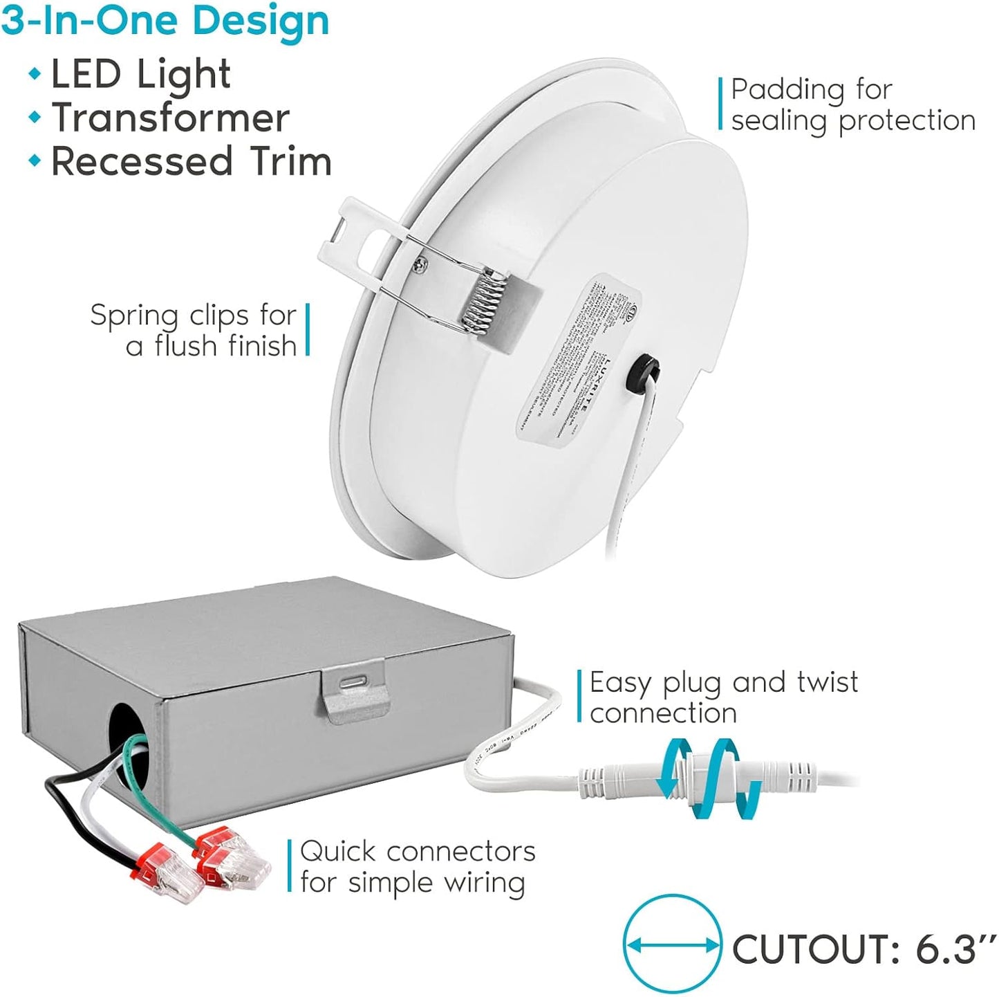 LUXRITE 6 Inch Gimbal LED Recessed Lighting, 5 Color Selectable 2700K-5000K, 1400 Lumens, Adjustable Swivel Downlight, Dimmable, 15W, Wet Rated, IC